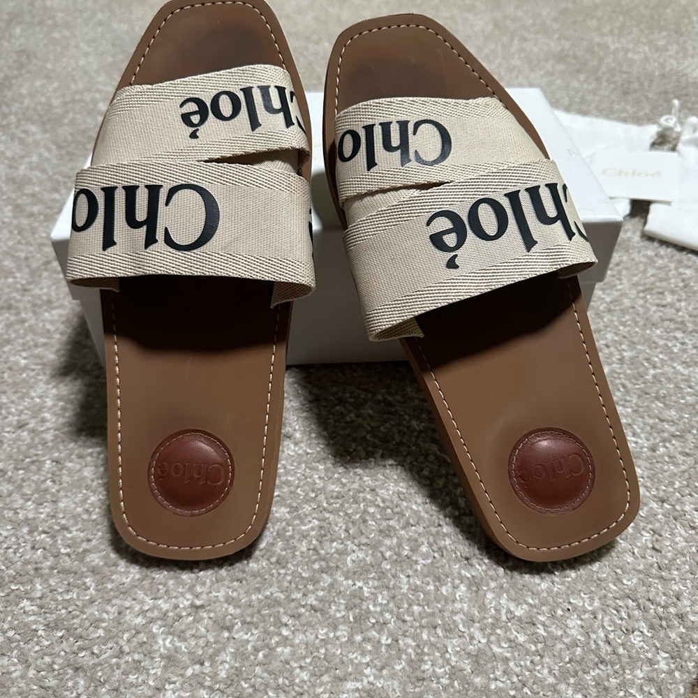 Chloe Woody Cream and Brown Slide Sandals with Wide Strap - Picture 5 of 6